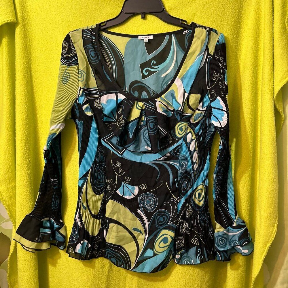 Vintage Nicola Abstract Long Sleeve Blouse Trumpet Sleeves Ruffles Pleated